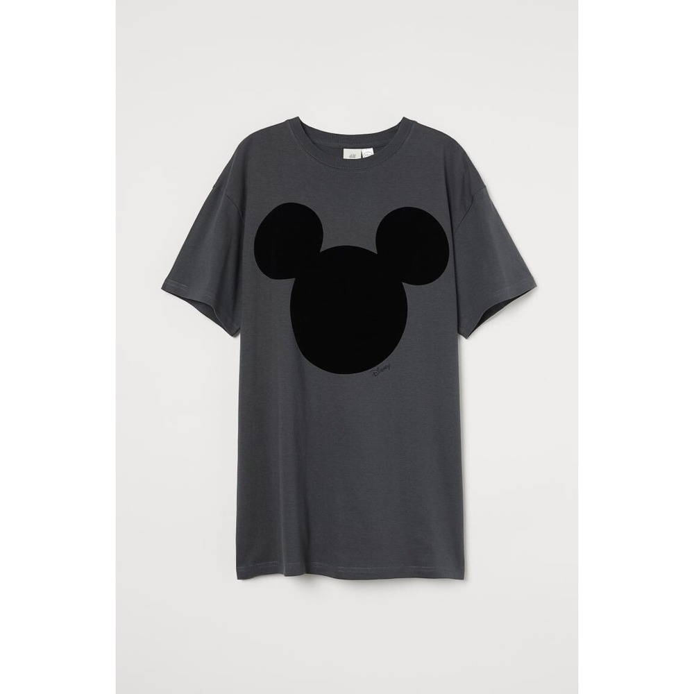 H&M T-Shirt Mens XS Disney Mickey Mouse Flocked Velvet Ears Gray Black